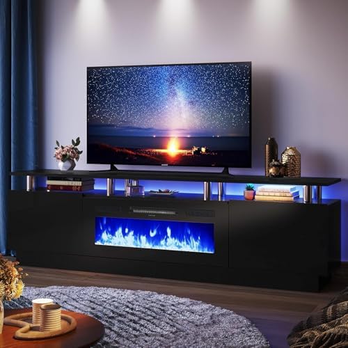 80" Fireplace TV Stand, 2-Tier LED Entertainment Center with 36" Fireplace, Fits TVs up to 90", Modern High Gloss TV Console with LED Lights & Storage Cabinets for Living Room, Black + Black