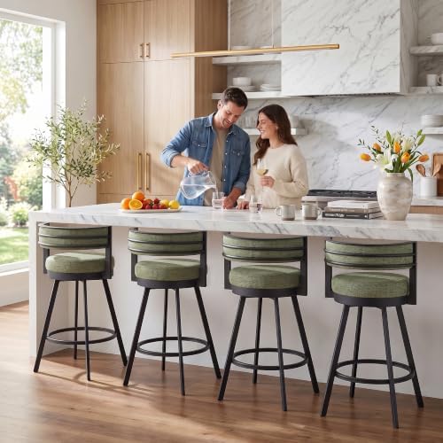Flouki Swivel Counter Height Bar Stools Set of 2, Upholstered 26.6" Modern Counter Stools with Arms, Linen Barstools with Back and Metal Base for Kitchen Island, Dining Room, Green Linen Fabric