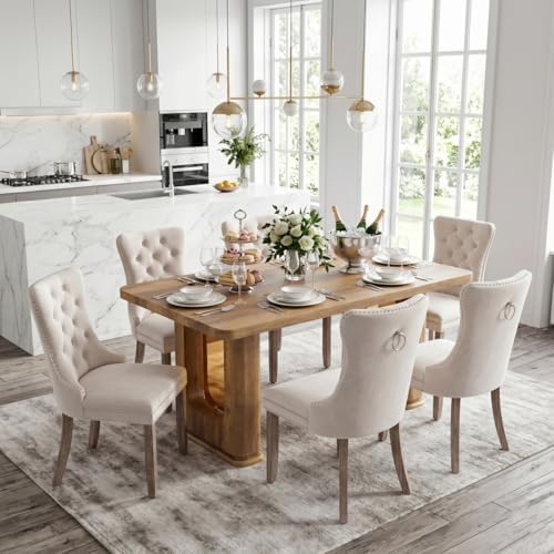 64.5" Dining Room Table Set for 6, Farmhouse Wood Kitchen Table with Decorative Pedestal Legs & 6 Tufted Velvet Chairs,Modern Luxury Dining Table Set for 6 for Dinner & Gatherings