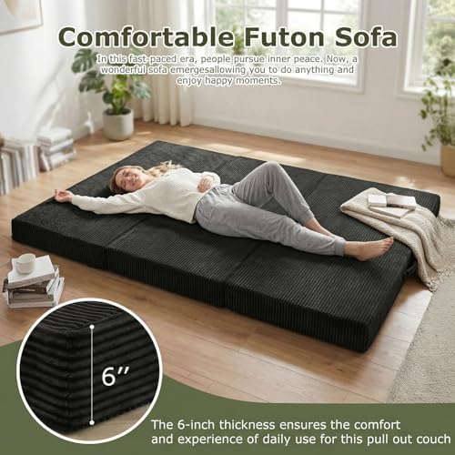 5-in-1 Convertible Sofa Bed, Couch Loveseat with Removable Cushions & Washable Cover, Futon Sofa Bed with Handle, Pull Out Couch for Small Spaces, Queen Size, Black