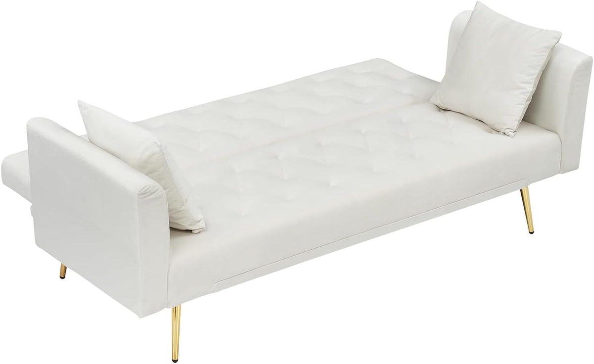 71" Modern Velvet Sofa Bed Futon, Convertible Sleeper Couch, Adj. Backrest | Tufted Recliner Loveseat Design with Golden Chrome Legs & 2 Pillows, Perfect for Small Spaces, Living Room, Apartment