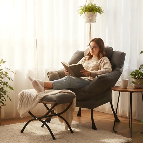 Modern Lazy Chair with Ottoman, Comfy Accent Reading Chair, Dark Grey