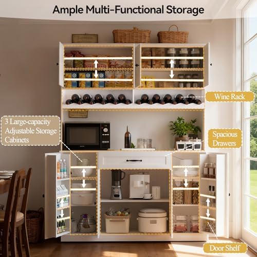 FJTJBSI 72" Tall Pantry Storage Cabinet with LED Light 55" Wide Kitchen Pantry Cabinet with Charging Station and Adjustable Shelves Modern Kitchen Hutch with Wine Rack and Large Countertop White