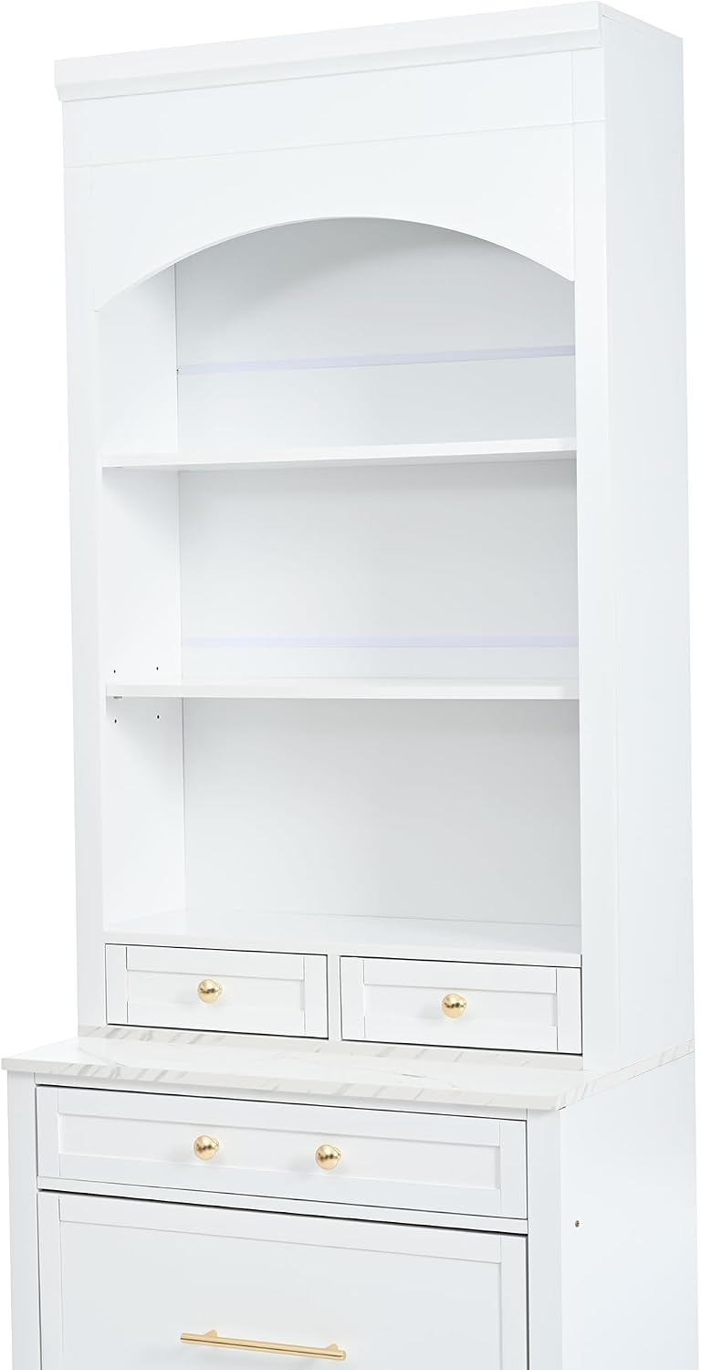 83.7" Tall Kitchen Pantry Cabinet, Freestanding Kitchen Hutch with Faux Marble Top, Pantry Storage Cabinet with 5 Drawers & Adjustable Shelf, Modern Farmhouse Cupboard for Dining Room, White
