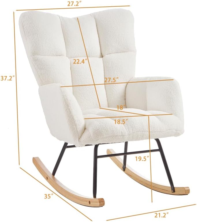 Glider Chair for Living Room Tufted Upholstered Teddy Fabric Rocking Chair with Metal Frame Accent Chair (Ivory)