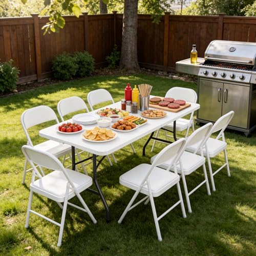 Folding Table 6 Pack, 6 FT Foldable Plastic Table with Carrying Handle, Heavy Duty Portable Fold-in-Half Utility Table for Party, Camping, Banquet, Craft, Wedding, Indoor & Outdoor Use