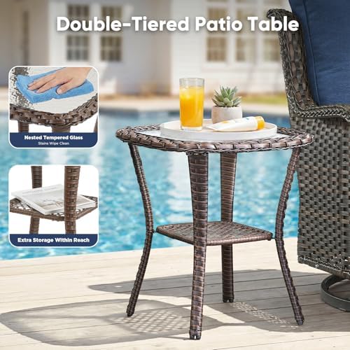 Belord Patio Wicker Chairs Swivel Rocker,Outdoor Patio Furniture Set with Rattan Side Table, All Weather Conversation Set for Porch Poolside Balcony, Brown Wicker/Blue