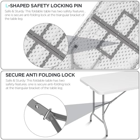 Folding Table Picnic Table, 8 ft Camping Table with Handle and Safety Locks | Foldable Portable Dining Table, Heavy Duty HDPE Plastic, Indoor Outdoor for Camping, Picnic and Party