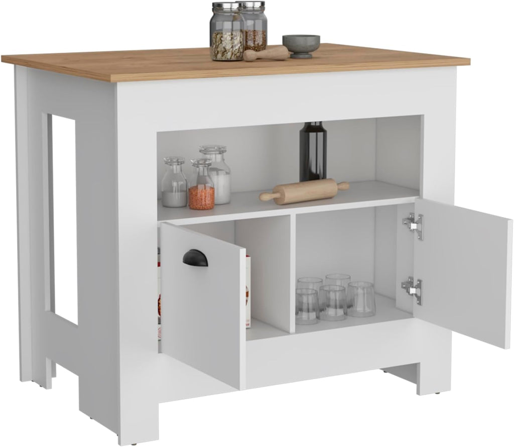 Kitchen Island Two Door Cabinet and Shelf in Multicolor | Includes two cabinet doors and a shelf for storage