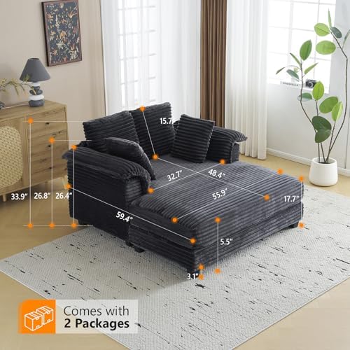 VINGLI 56" Oversized Chaise Lounge Chair, Dark Grey Comfy Corduroy Chaise Sofa Recliner Bed Upholstered Sleeper Couch Bed with Throw Pillows and Armrests for Living Room, Movie Room, Bedroom