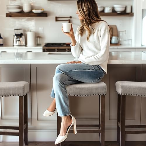 CHUN YI Bar Stools Set of 2, 24 Inch Counter Height Saddle Stools with Nailhead Trim, Backless Upholstered Barstools for Kitchen Island with Wooden Legs, Light Grey, 2 Pack