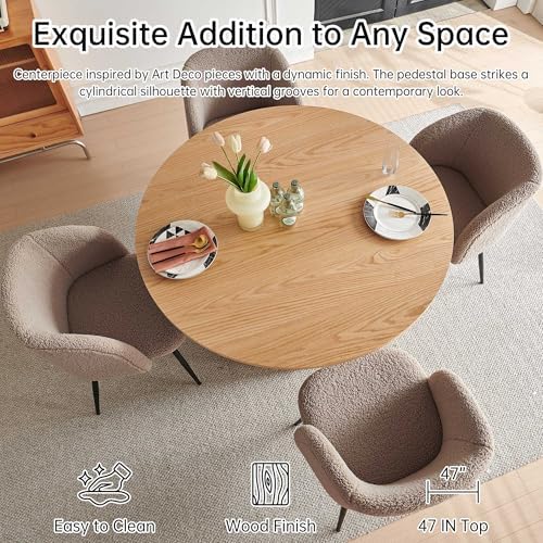NORDICANA 5-Piece Wooden Round Dining Room Table and Chair Set, 47-Inch Kitchen Table with Barrel Chairs for 4, Brown Upholstered Sherpa Dining Set, MDF Core with Oak Finish