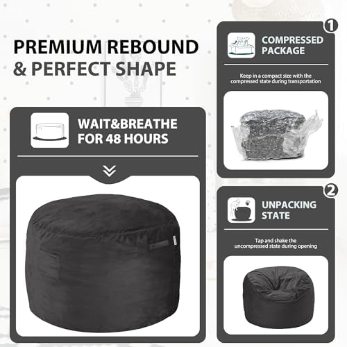 HABUTWAY Bean Bag Chair 3Ft Luxurious Velvet Ultra Soft Fur with High Rebound Memory Foam Bean Bag Chairs for Adults Plush Lazy Sofa with Fluffy Sponge 3' (Black New)
