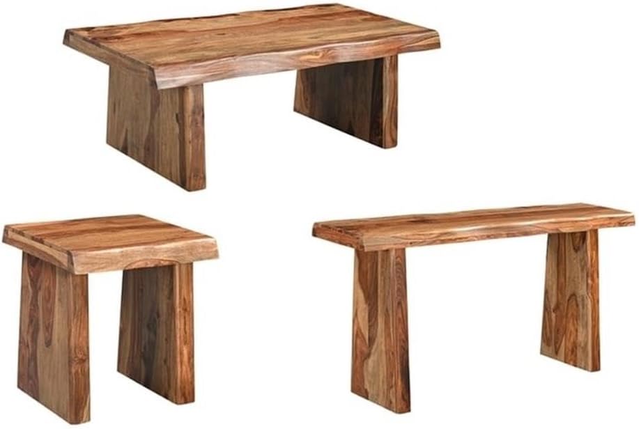 Pemberly Row Solid Wood 3-Piece Table Set, Live Edge Sheesham Hardwood, Brown Finish, Includes Coffee Table, Console Table, and Square End Table, Modern Double Pedestal Base, Rustic Living Room