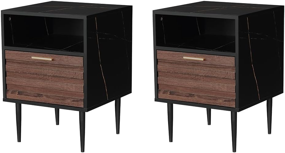 GIA Home Furniture Series Walnut Nightstands Set of 2, Faux Black Walnut Marble End Table for Living Room, Bedroom