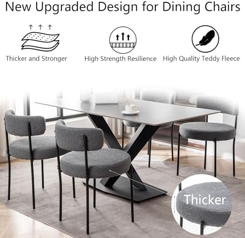 Cinxzar Grey Boucle Dining Chairs Set of 6, Upholstered Dining Room Chairs with Black Metal Legs, Modern Dining Chair for Dining Room, Kitchen