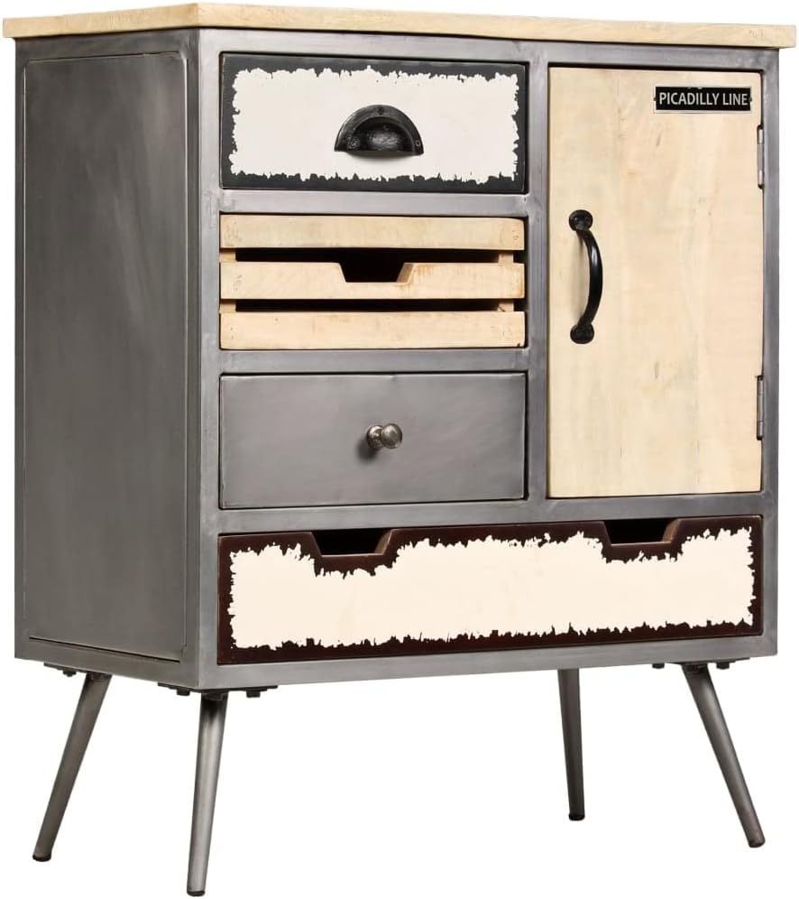 Mid-Century Modern Sideboard with Natural Mango Wood and Steel Accents, 4 Drawers and Spacious Cupboard for Living Room Dining Room Storage, Industrial Style Furniture