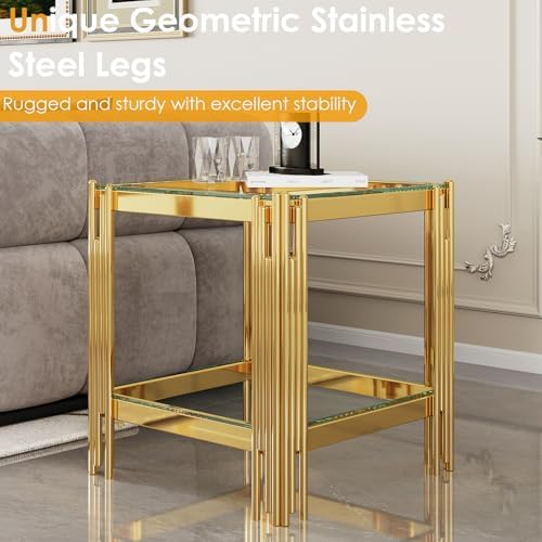 Small Side Table, Square End Table with Tempered Glass & Irregular Gold Stainless Steel Base, 2-Tier Modern Glass End Table with Storage Shelves, Luxury Accent Sofa Table for Living Room, Bedroom