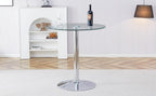 A Glass Tabletop with a Diameter of 35 inches and a Modern Minimalist Circular Dining Table with electroplated Silver Metal Legs. Suitable for Restaurants, Living Rooms, and Conference Rooms.BT-1166