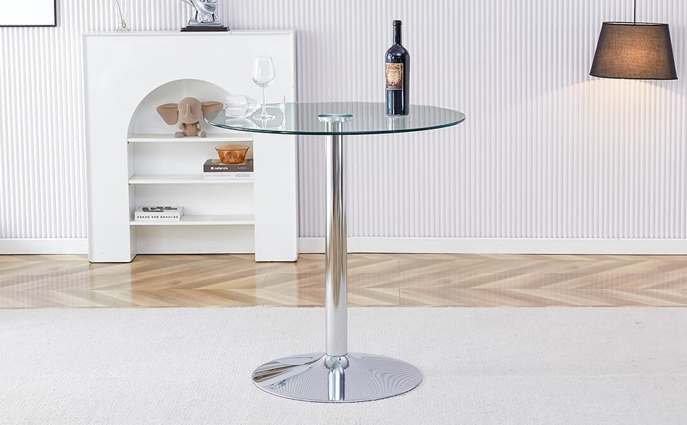 A Glass Tabletop with a Diameter of 35 inches and a Modern Minimalist Circular Dining Table with electroplated Silver Metal Legs. Suitable for Restaurants, Living Rooms, and Conference Rooms.BT-1166