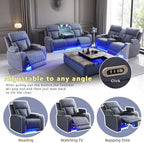 A Ainehome Sanded Leather Power Recliner Sofa Set with LED, 3 Pieces Living Room Furniture Sets, Blue Gray Reclining Sofa Sectional Couches for Living Room with USB Port/Storage Console/Cup Holders