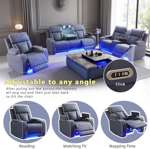 A Ainehome Sanded Leather Power Recliner Sofa Set with LED, 3 Pieces Living Room Furniture Sets, Blue Gray Reclining Sofa Sectional Couches for Living Room with USB Port/Storage Console/Cup Holders