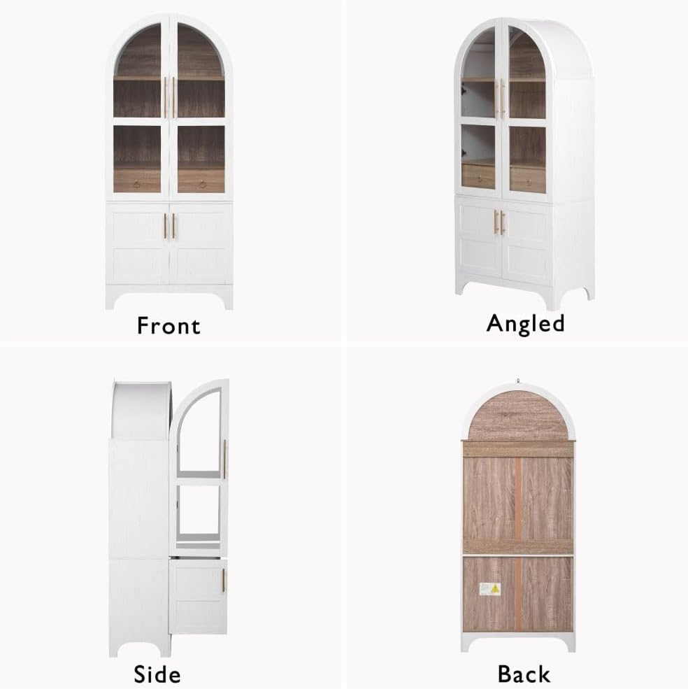 71 Inch Farmhouse Kitchen Pantry Storage Cabinet with Doors, Open Shelf, Hidden Drawer, Adjustable Shelves, Glass Door, Cupboard for Dining Room (Retro White Arched Pantry Cabinet+ MDF)