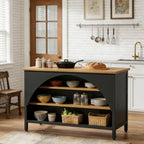 Kitchen Island with Open Shelves, Black and Natural Wood Top | 3-Tier Storage, Arched Side Panels, 55.12" x 31.5" Top, Metal Frame Base, Freestanding Design