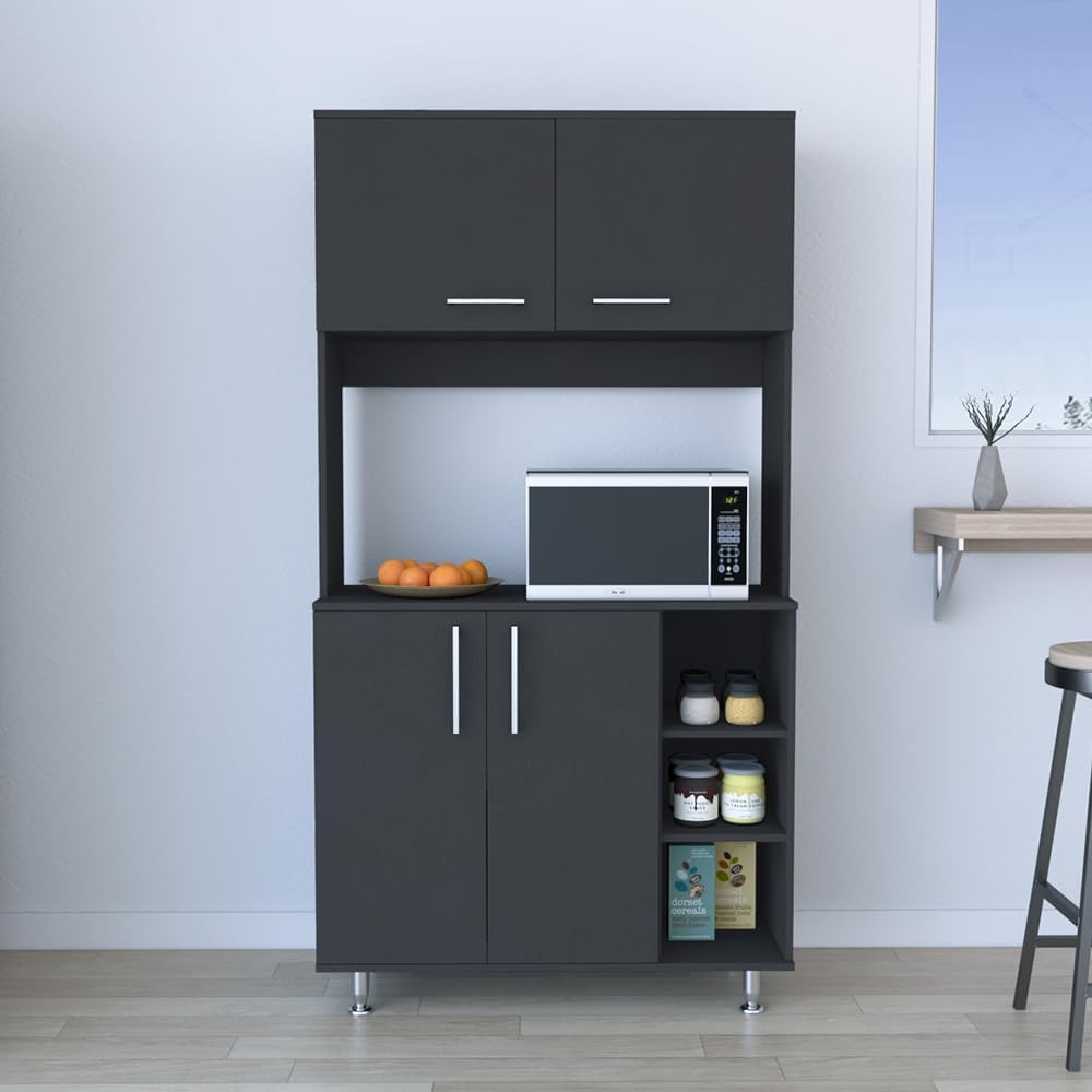 Pantry Cabinet Delaware Kitchen Black with Spacious Top Surface and Hutch | Spacious top surface for appliances and meal prep