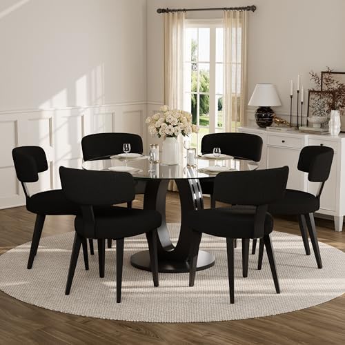 Boucle Chairs Set of 6, Modern Black Upholstered Dining Chairs with Black Metal Legs, Boucle Dining Chairs with Curved Backrest for Dining Room, Kitchen(Only Chairs)