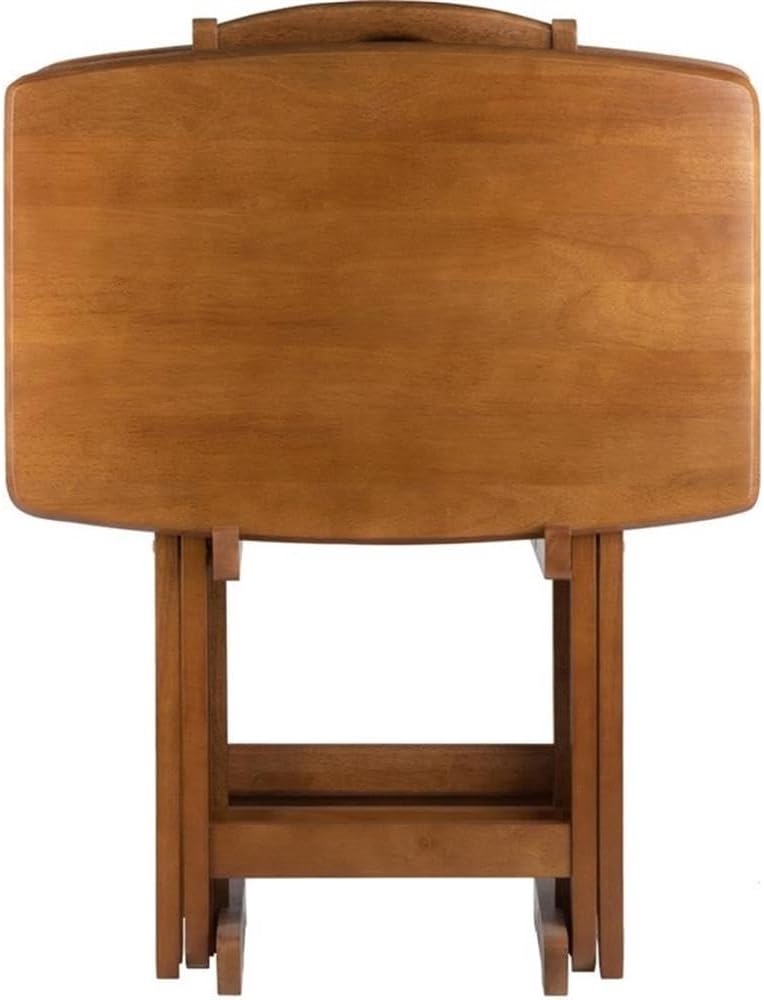 Pemberly Row 24" W x 12" D Transitional Oversized Solid Wood Snack Table Set with Storage Stand, Curved Sides, Rounded Corners, X-Frame Bases, No Assembly Required, in Brown Finish (Set of 5)