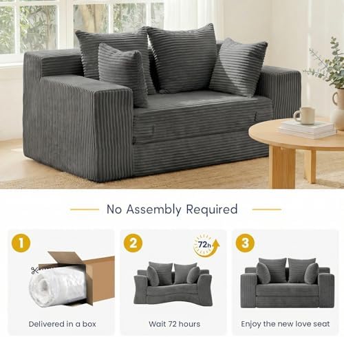 cidludto Couch Loveseat Sleeper, Convertible Sofa Bed Folding Couch Bed Foldable, 2 in 1 Chair Bed & Futon Sofa Bed, Small Pull Out Sofa with 4 Pillows for Living Room, Grey