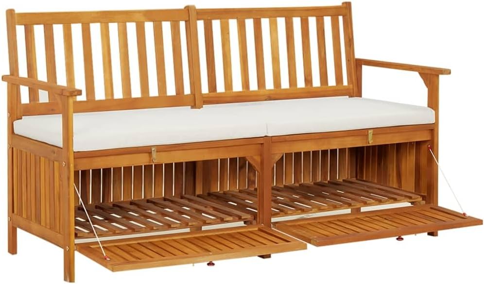 Storage Bench with Cushion 58.3 Inch Solid Acacia Wood Durable Patio Furniture Outdoor Bench Seat for Garden Porch Front Porch Furniture