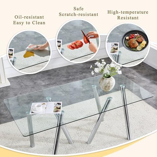Glass Dining Table for 4 6 8 Pepole,71 Inch Rectangle Kitchen Dining Room Table with 0.39" Thick Tempered Glass Tabletop & Metal Legs, Modern Glass Top Silver Dinner Table for Dining Room