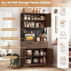 Unikito 71" Tall Kitchen Pantry Storage Cabinet with Microwave Countertop | Weathered Brown, Freestanding Pantry Cabinet Hutch with Charging Station & LED Lights, Drawers & Pegboard for Dining Room