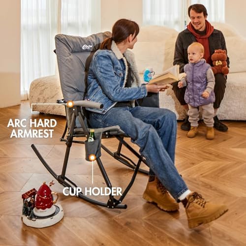 Portal Oversized Padded Folding Rocking Camping Chair Outdoor 400 LBS | Padded Folding Rocking Camping Chair Recliner Portable Heavy Duty Hard Armchair Rocker for Patio, Lawn and Outdoor