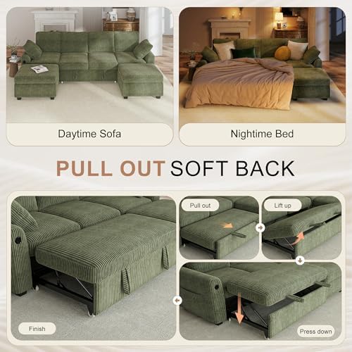 Hanherry 104" Sectional Sofa with Pull Out Couch Bed,Corduroy 4 Seater Sleeper Sofa with Storage Ottoman & USB Charging,Comfy U Shaped Modular Couches for Living Room,Apartment