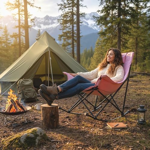 Oversized Rocking Camping Chair for Adults with Headrest, Portable Rocking Chair with Cup Holder, Side Pocket & Carry Bag, Heavy Duty Outdoor Rocker Chair for Camp, Patio, Pink