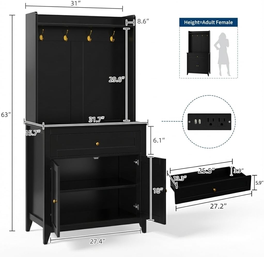 Garvee Pantry Cabinet with 4 Hooks, Kitchen Pantry Cabinet, Coffee Bar Table with Drawer & Adjustable Shelves, Black