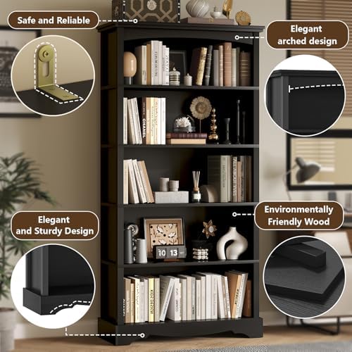 TVU 5-Tier Wooden Bookshelf, 31.5" W x 65" H ×9.9" D Bookshelf with Storage, Floor Standing Modern Style Display Bookcase for Living Room, Office, Study Room, Entryway, Black