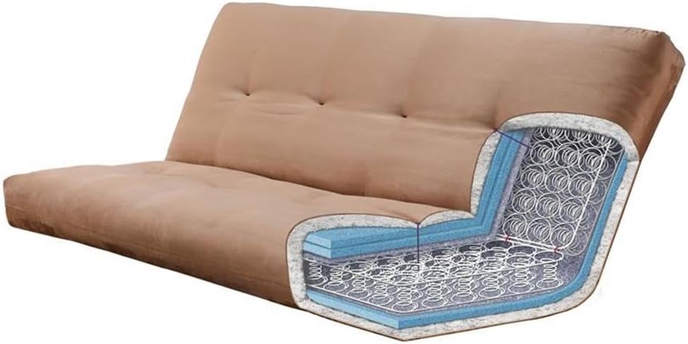 BOWERY HILL Queen-Size Wood Futon, Rustic Walnut Brown Frame, Linen Aqua Blue Mattress, Convertible Sofa Bed, Solid Hardwood Construction, Coil Spring Cushion, Versatile Living Room or Guest Room