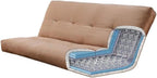 BOWERY HILL Queen-Size Wood Futon, Rustic Walnut Brown Frame, Linen Aqua Blue Mattress, Convertible Sofa Bed, Solid Hardwood Construction, Coil Spring Cushion, Versatile Living Room or Guest Room