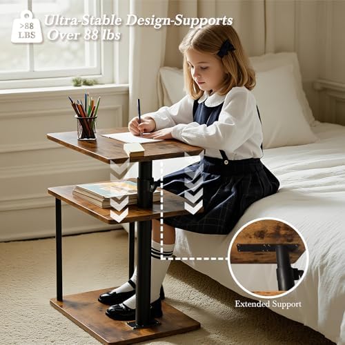 Faesun 360° Swivel Side Table for Height Adjustable, C Shaped End Table for Couch with Storage, 3-Tier Night Stand with Open Shelf, Tv Tray for Small Spaces, Living Room, Bedroom, Rustic Brown