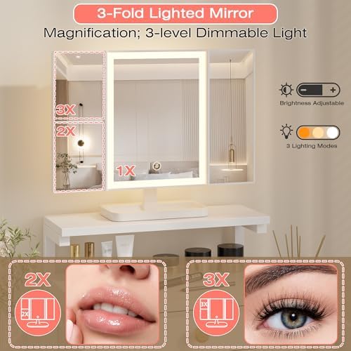 HIGDBFE Vanity Desk with Mirror and Lights 28.4''W Small Makeup Vanity | Vanity Table with Height-Adjustable Stand, 2 Fabric Drawers Compact Makeup Desk, Gift for Girls, Bedroom Small Space, White