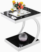 Telephone Table, Sofa Side Table,Coffee Table,Corner Table,Bedroom Bedside Table,Storage Shelf,Telephone Table,Tempered Glass Table Top(Color:Black+White)