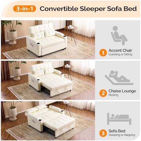 VINGLI Convertible Loveseat Sleeper Sofa Bed, Pullout Couch for Living Room | Beige Futon Sofa Bed, Faux Leather Pull-Out Couch Bed with USB Ports, Cup Holders for Small Space, Apartment, Office