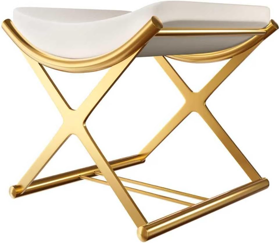 Vanity Stool No Assembly Required - Modern Makeup Chair with Champagne Gold X-Frame, Microfiber leatherCushioned Seat for Bedroom, Bathroom - Off-White Small Ottoman Bench