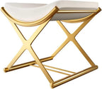 Vanity Stool No Assembly Required - Modern Makeup Chair with Champagne Gold X-Frame, Microfiber leatherCushioned Seat for Bedroom, Bathroom - Off-White Small Ottoman Bench
