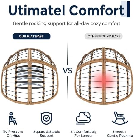 SWITTE Papasan Rocking Chair, Outdoor Wicker Egg Rocker with Cushion, Grey | Comfy Oversized Reading Chair, Cozy 30°-Rock Bed with 6" Cushion, Steel Frame 450LBS Capacity for Patio Porch Lawn