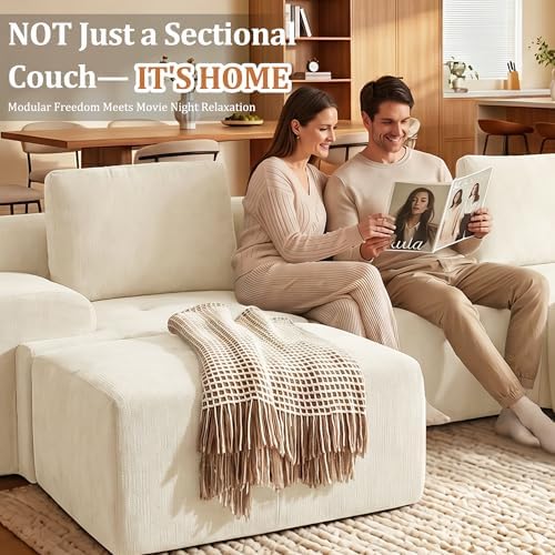 159" L Shaped Oversized Couch, Comfort Cloud Sectional Couches for Living Room, Modular Sofa High Back & Extra Deep Seat, No Assembly, Chenille (Warm White, 159 inch-L Shaped（4+1）)